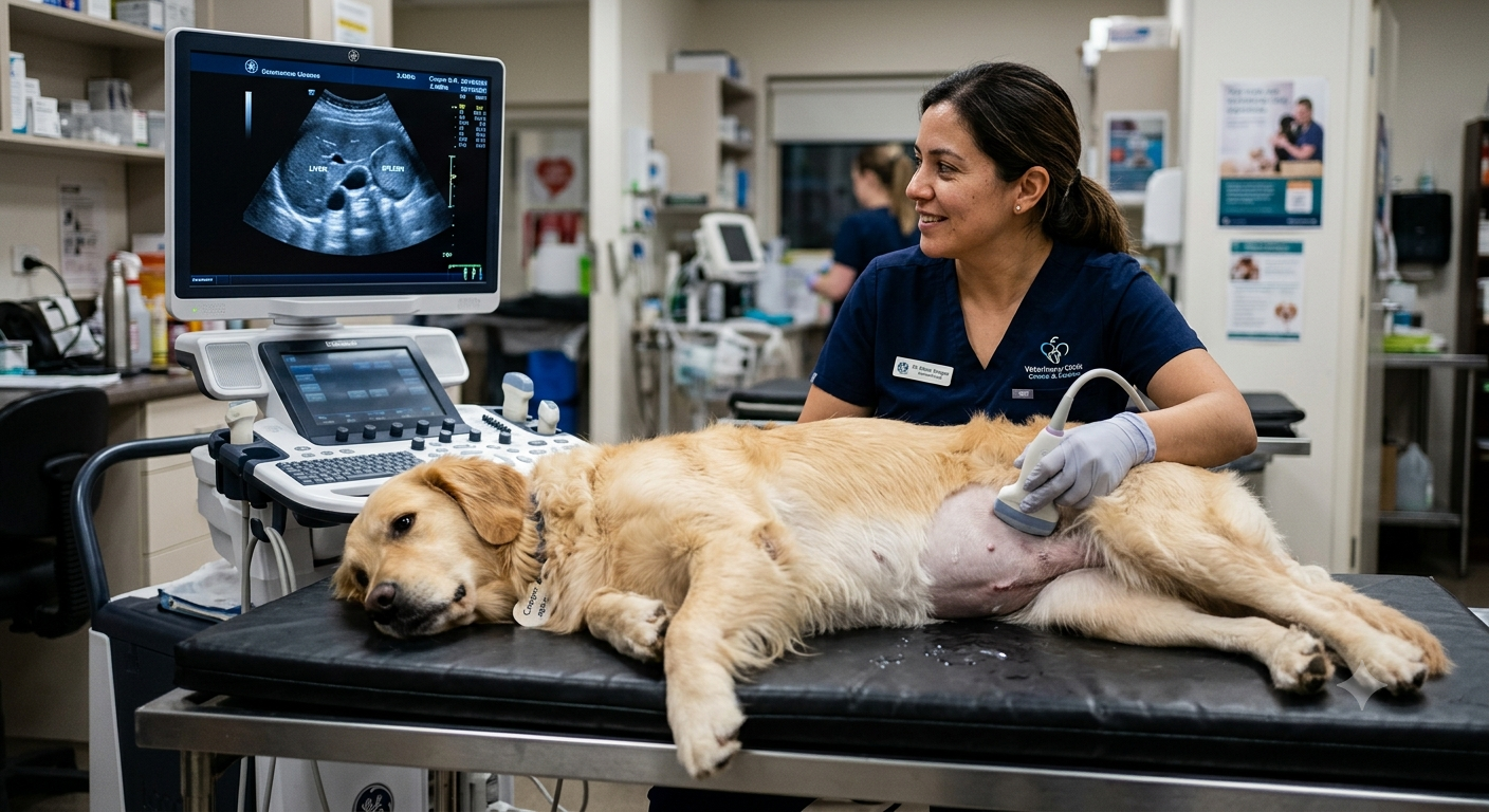 Veterinário em São Bernardo do Campo realizando procedimento de quando solicitar um exame ultrassonográfico em pet