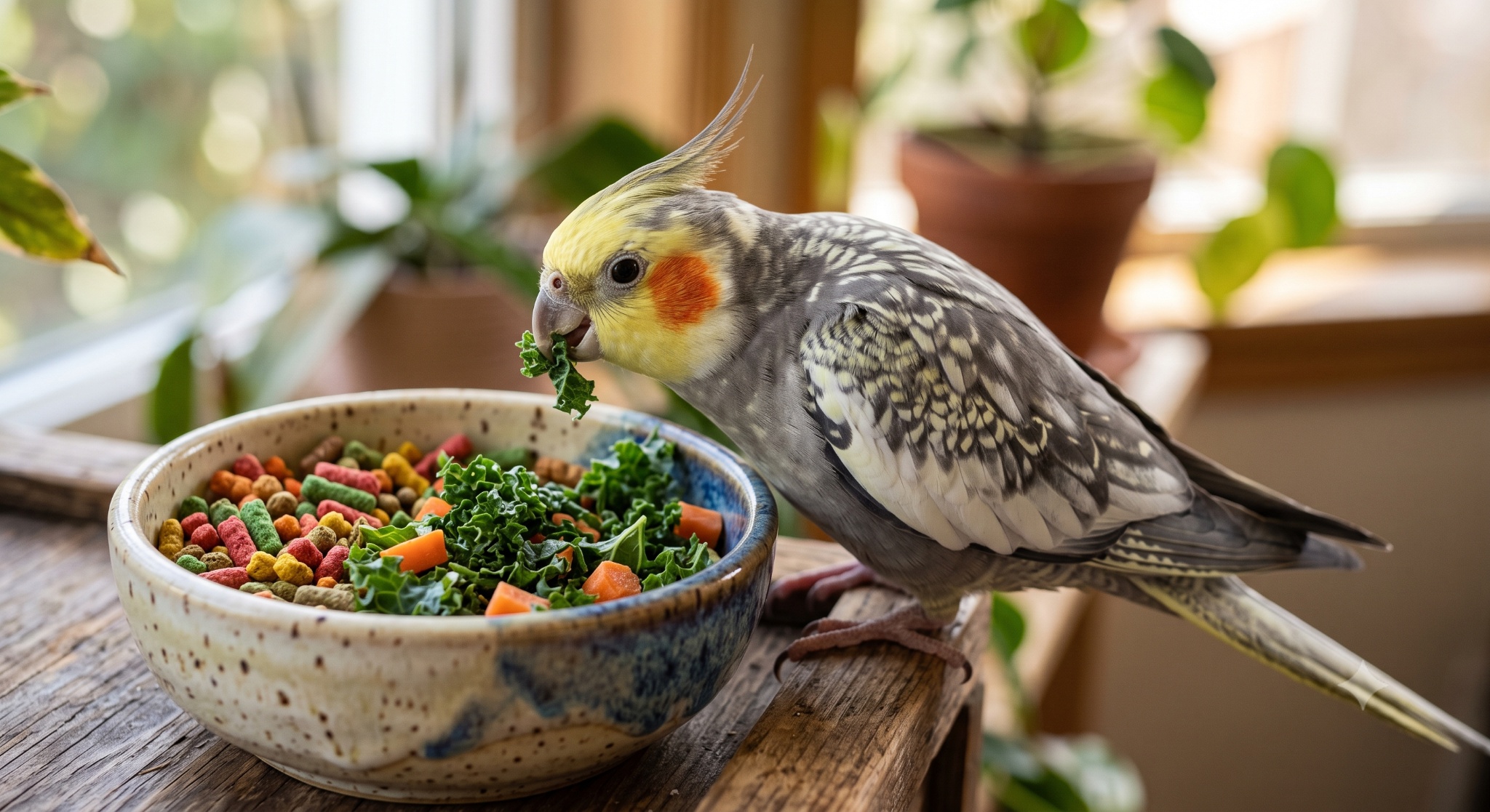 Cuidados na alimentação de sua ave com dieta balanceada incluindo ração e vegetais